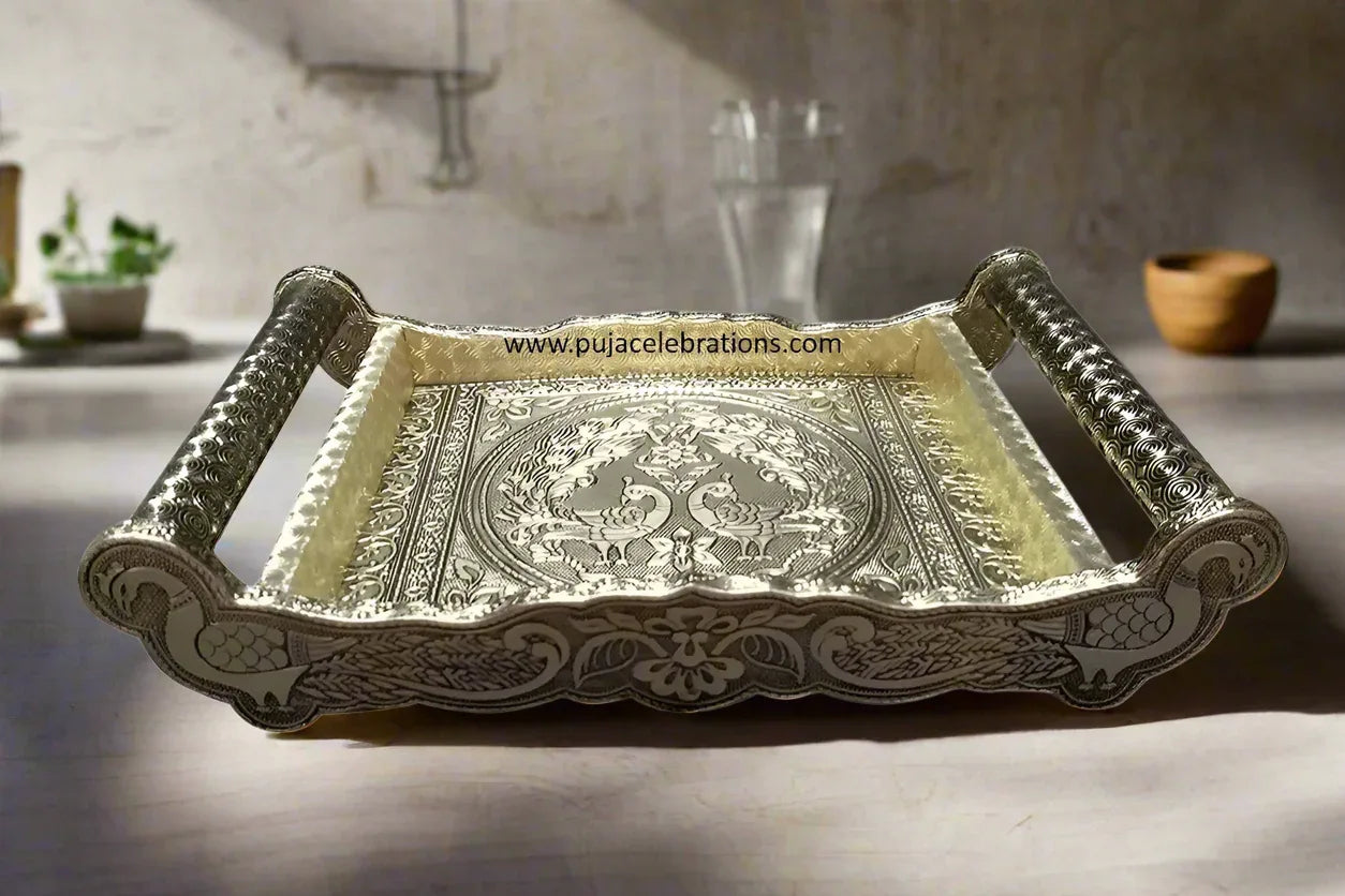 6 Glass Wooden Tray Oxidised - Puja Celebrations