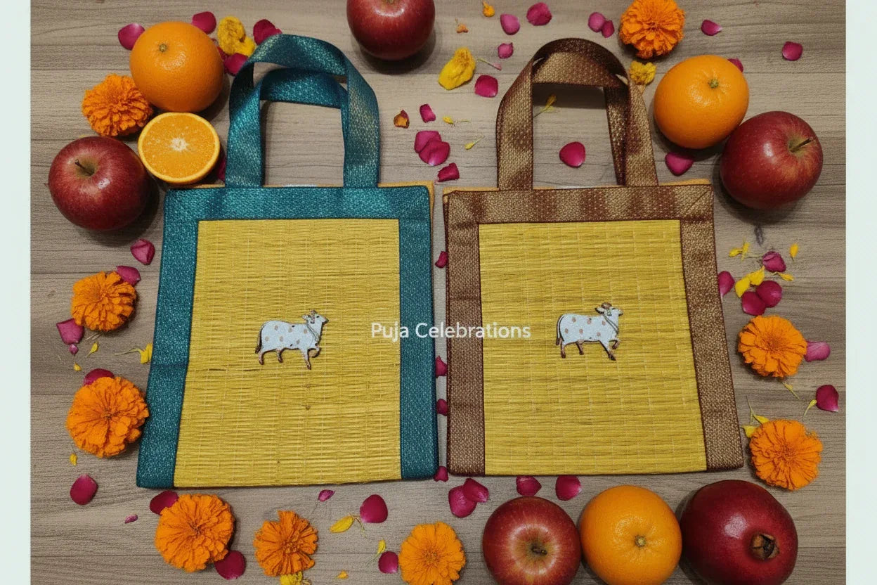 Korai Mat Bag with Cow Motif - Puja Celebrations