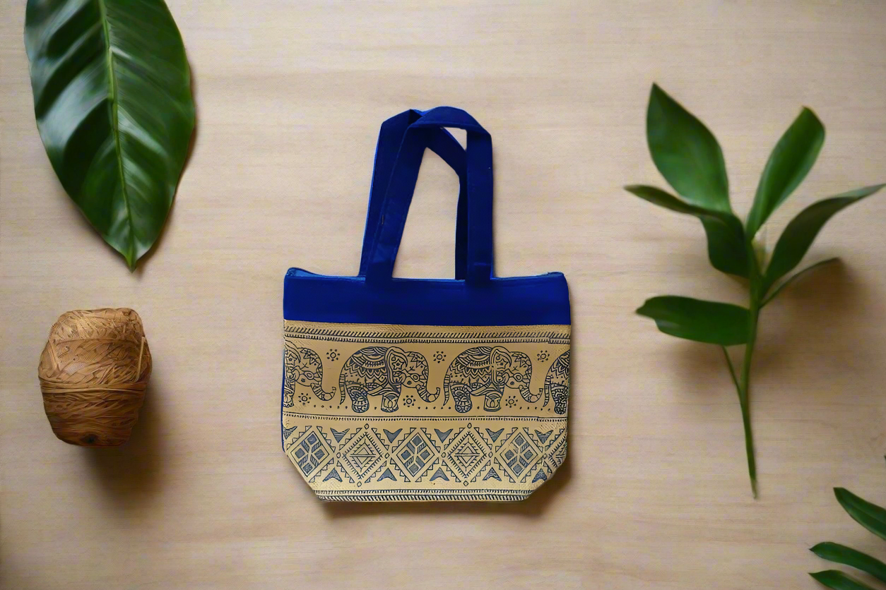 Elephant Print Jute Mix Bag