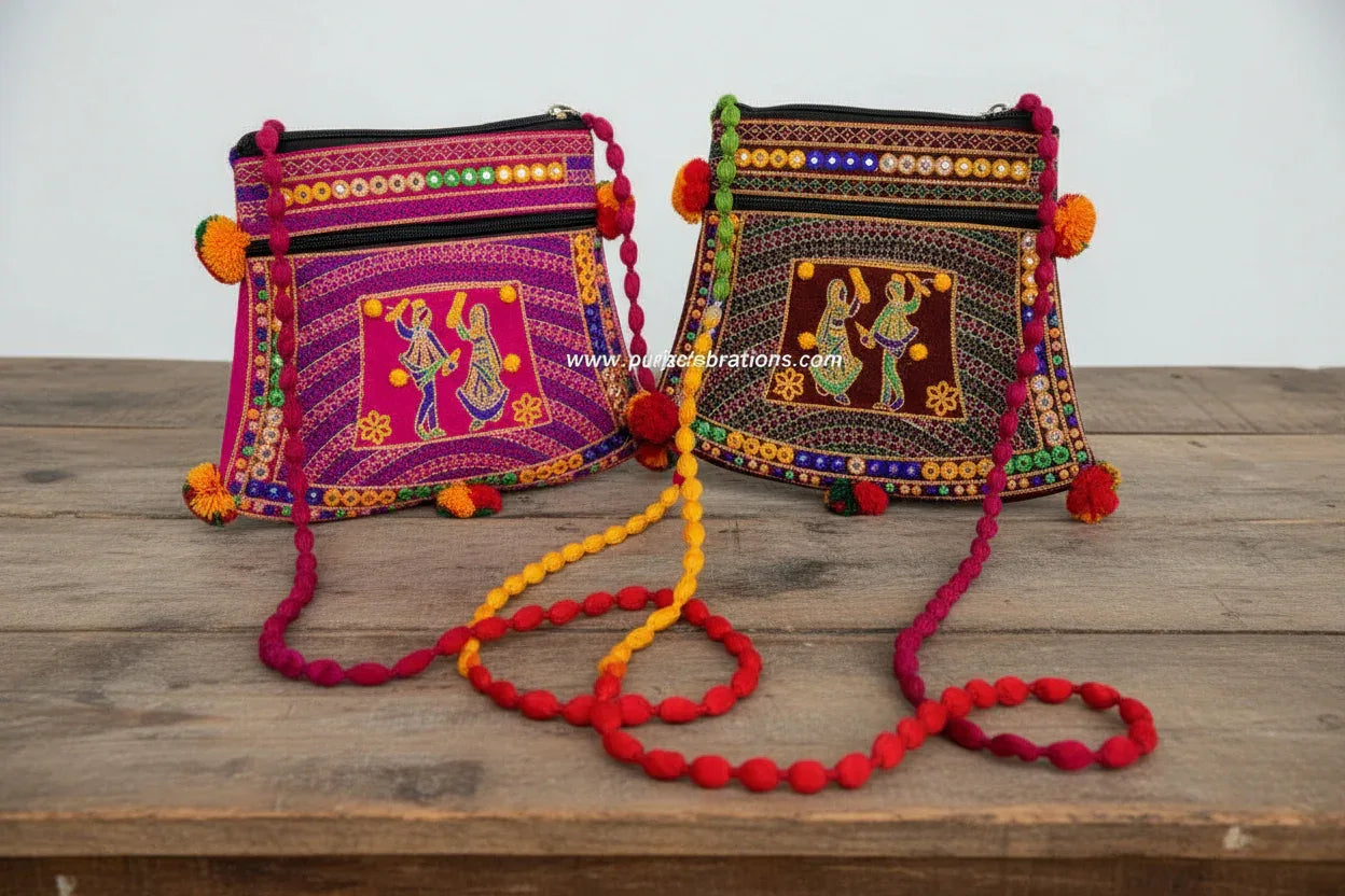 Embroidered Sling Bag with Pompom - Puja Celebrations