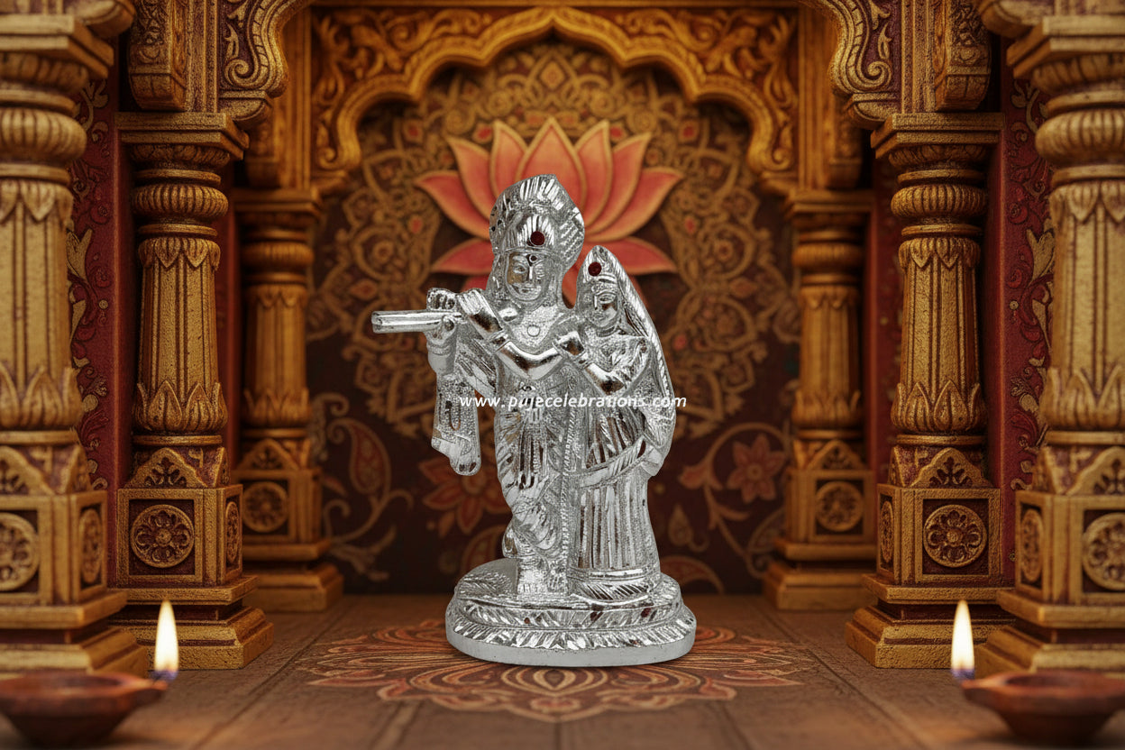 White Metal Radha Krishna Idol - Puja Celebrations