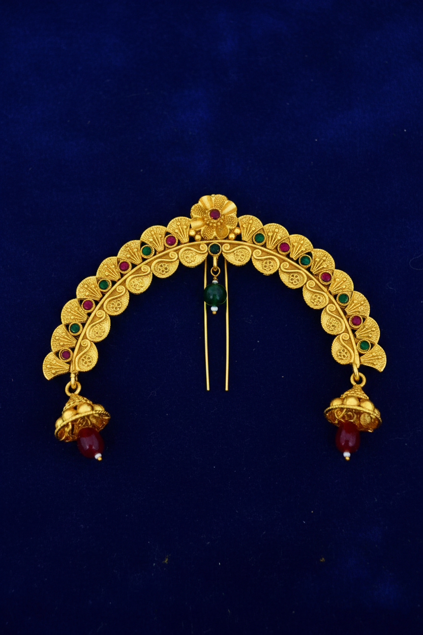 Gold hair ornament with gemstones on a blue background