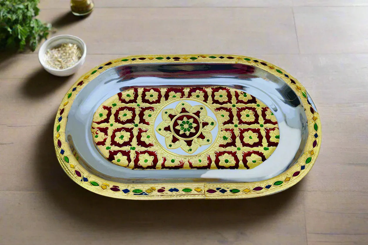 Meenakari Steel Tray Oval - Puja Celebrations