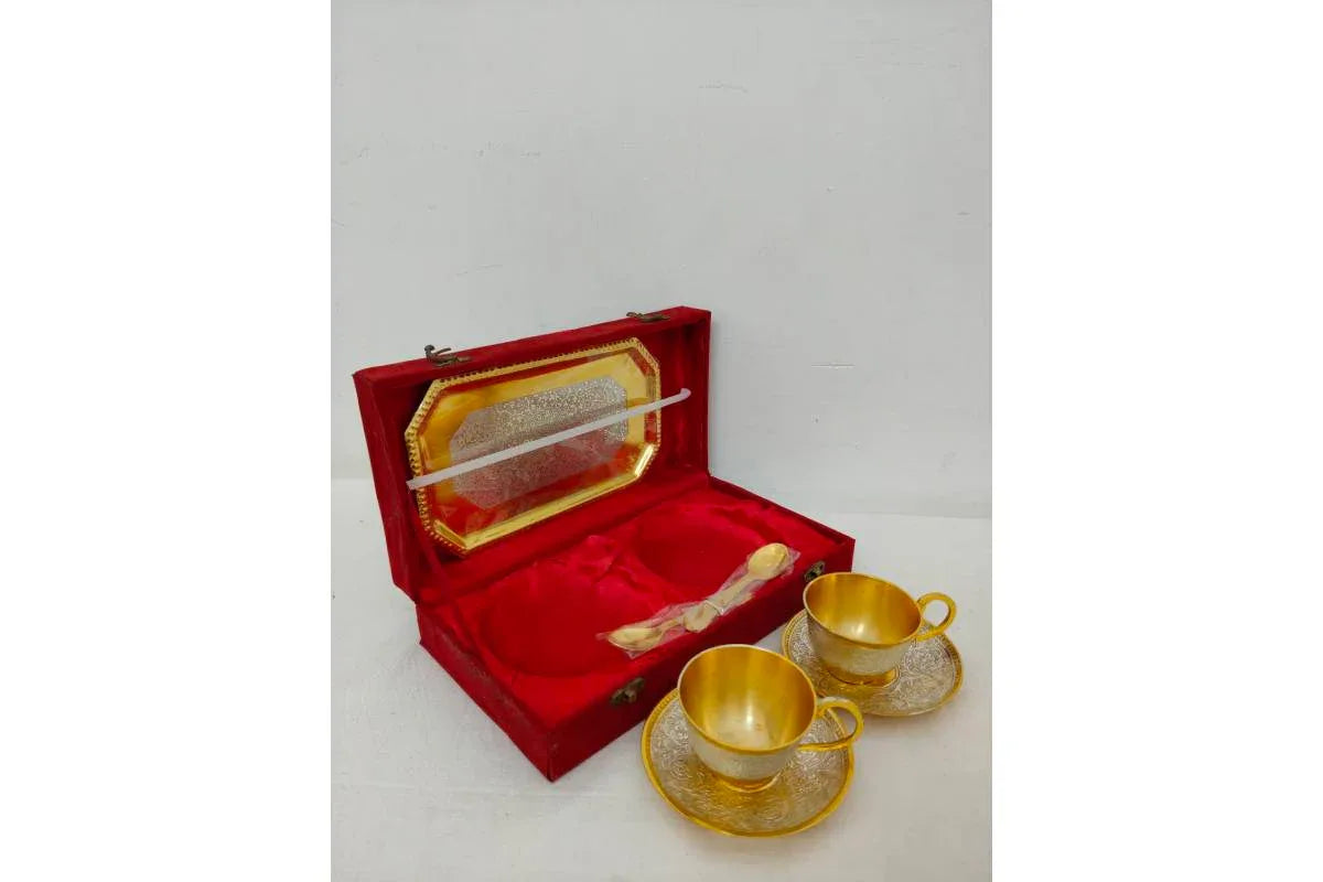 Gold Silver Tray with Cup Saucer - Puja Celebrations