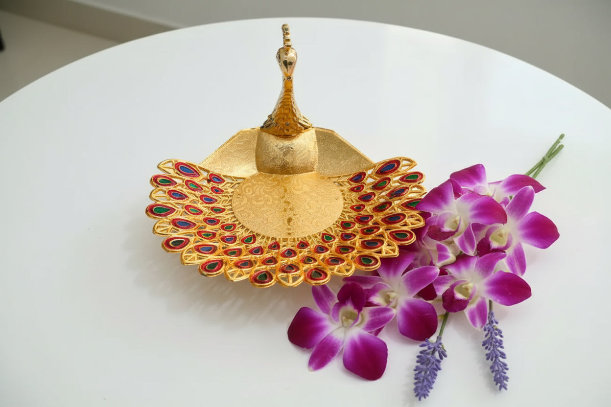 Meenakari Peacock Serving Tray – Traditional Indian Wedding Return Gift by Puja Celebrations