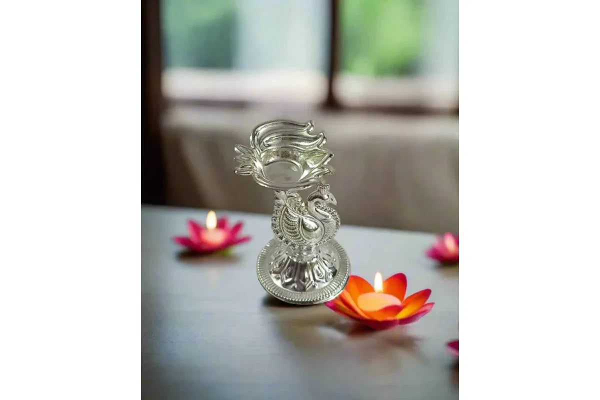 Silver Peacock Lotus Diya - Puja Celebrations