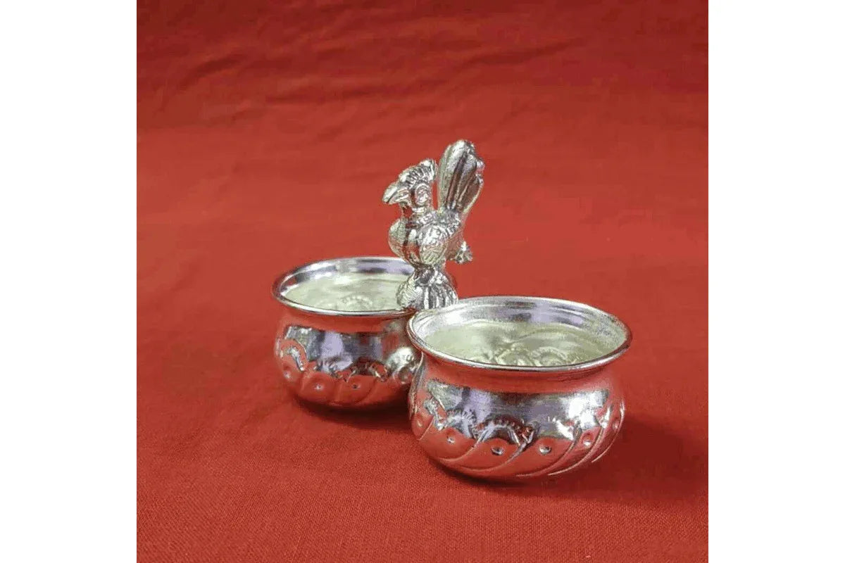 German Silver Peacock Kumkum Holder - Puja Celebrations