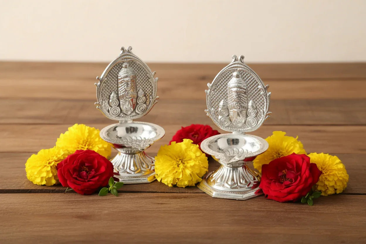 White Metal Balaji Diya Pair - Puja Celebrations