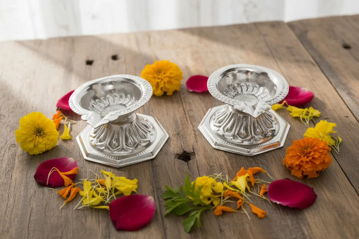 White Metal Diya with Base pair - Puja Celebrations