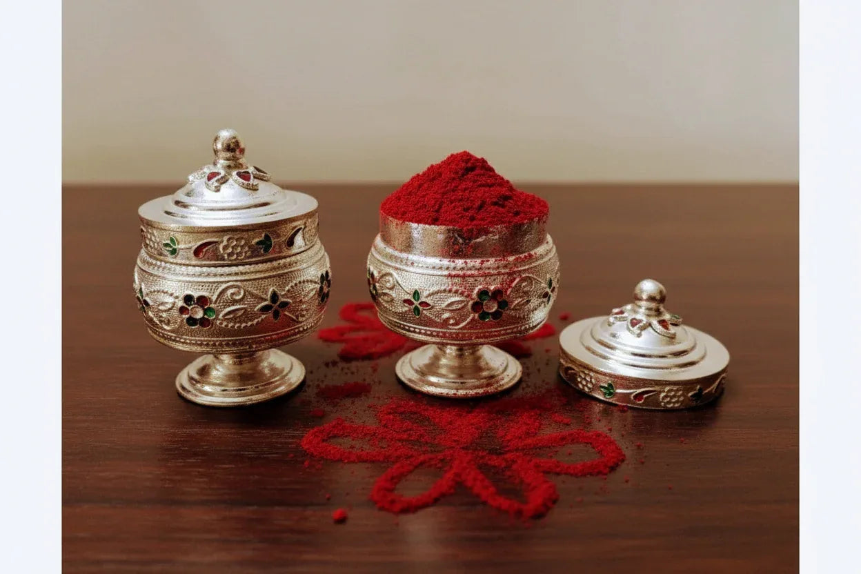White Metal Kumkum Box - Puja Celebrations