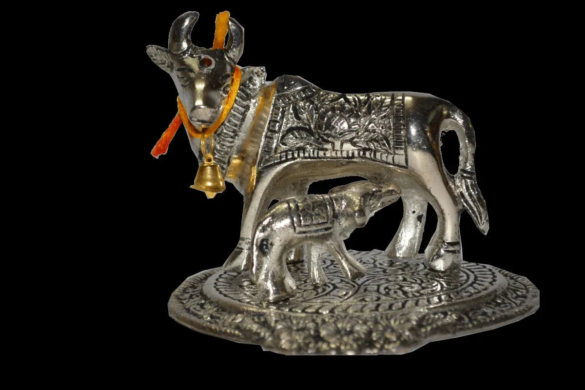 Cow and Calf Medium Silver Oxidised - Puja Celebrations