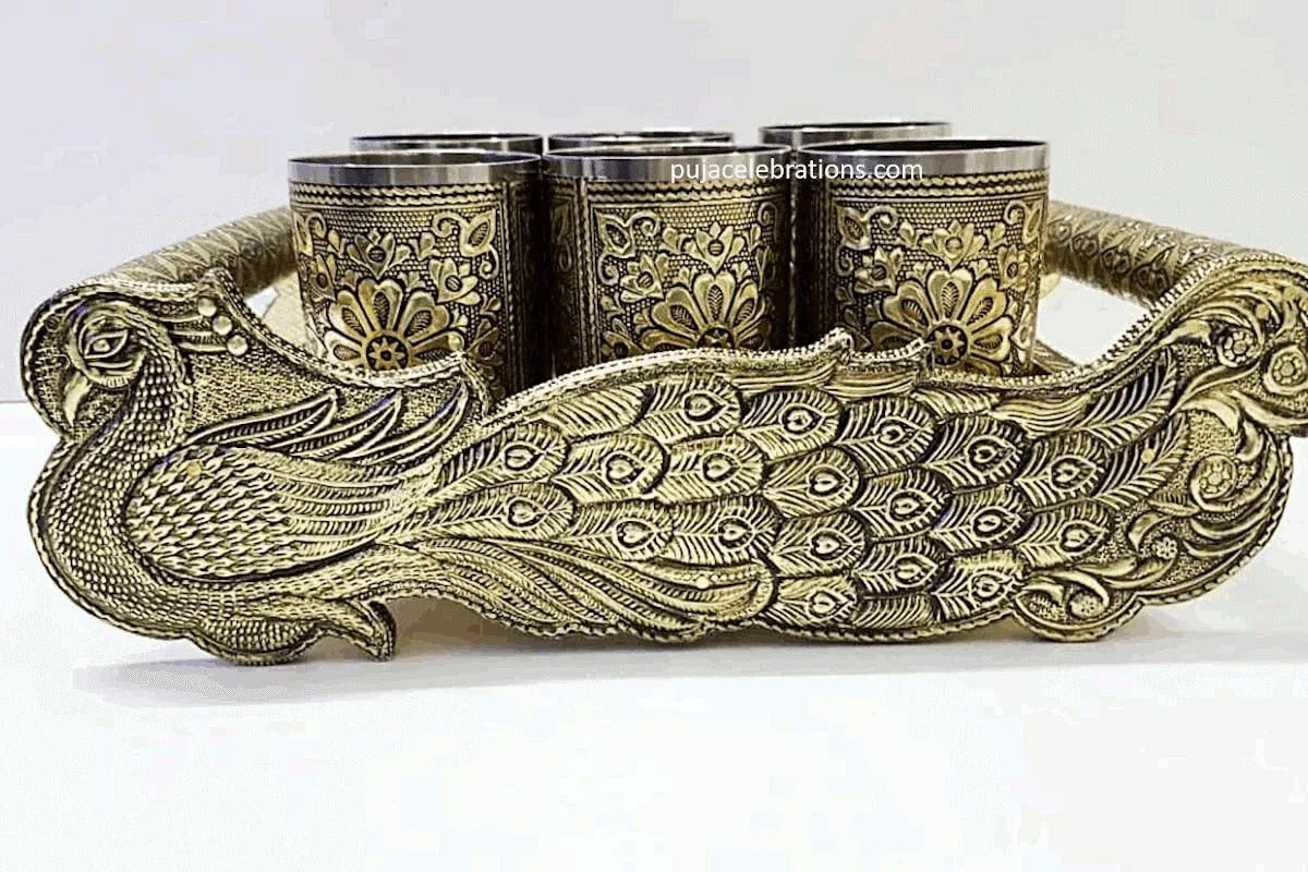 Peacock Embossed Tray 6 Glasses - Puja Celebrations