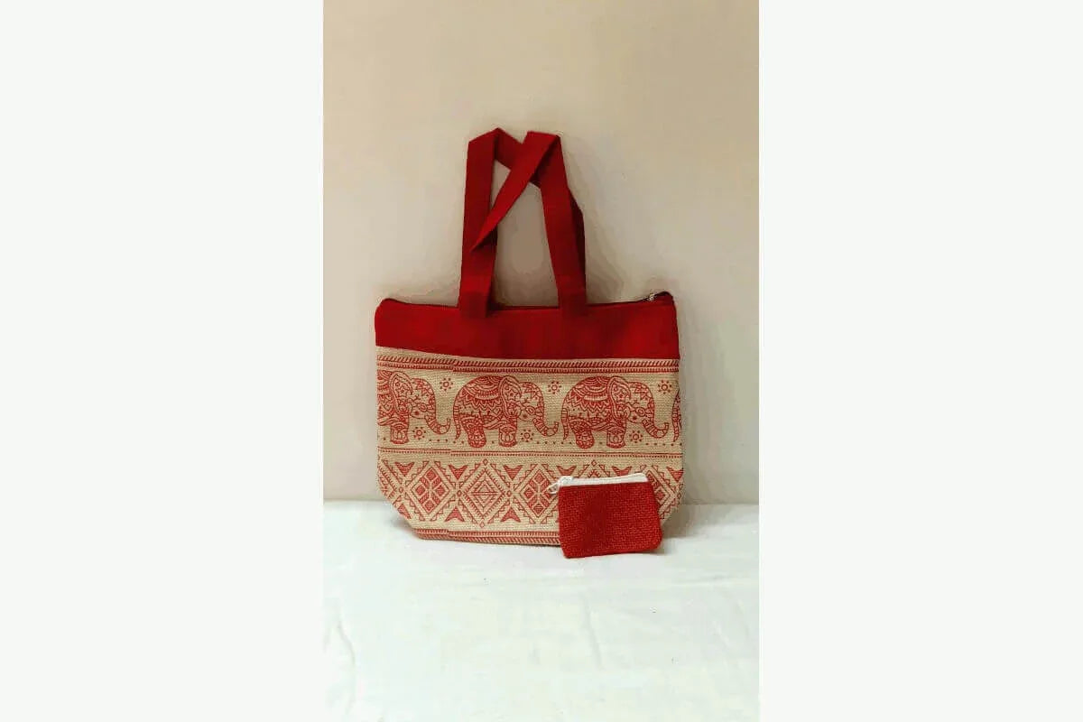 Print Jute Mix Bag with Coin Purse - Puja Celebrations