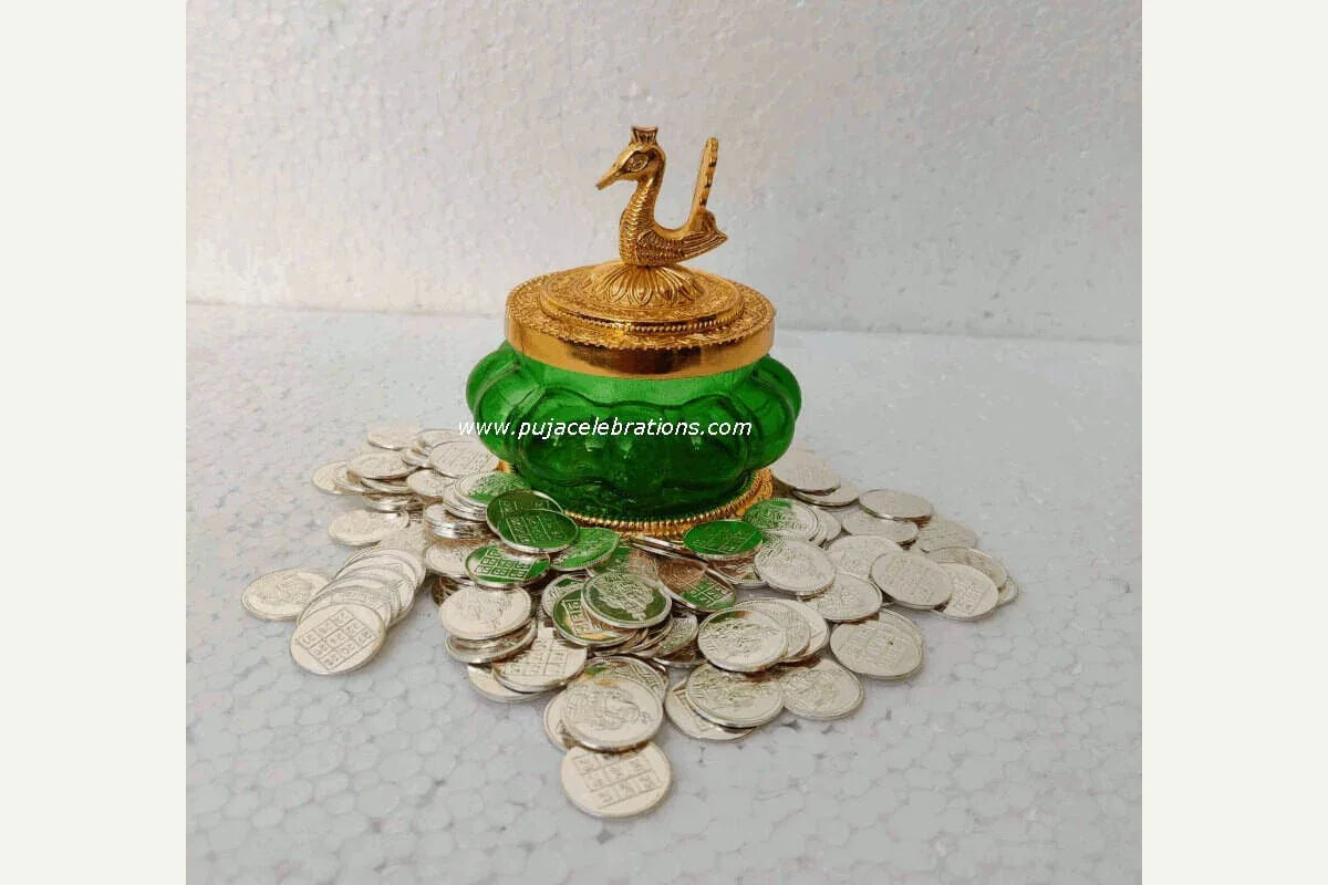 Kubera Lakshmi Pot Gold with Copper Coins Silver Finish - Puja Celebrations
