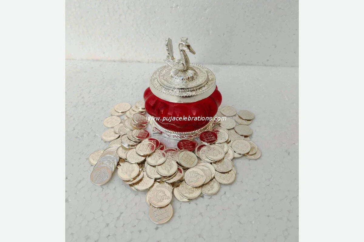 Kubera Lakshmi Pot Silver with Copper Coins Silver Finish - Puja Celebrations