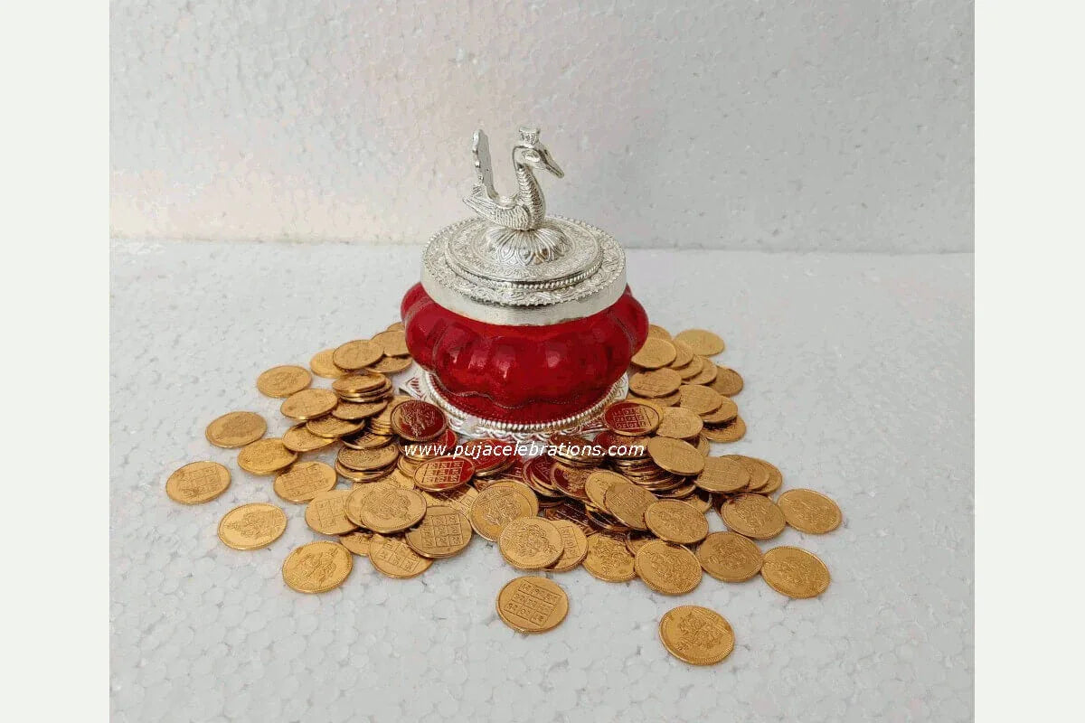 Kubera Lakshmi Pot Silver with Copper Coins Gold Finish - Puja Celebrations