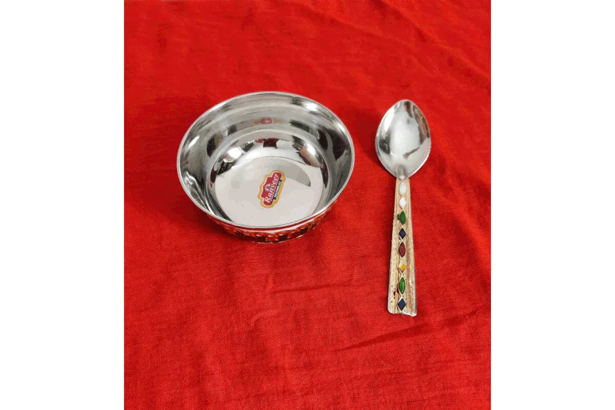 Meenakari Steel Cup Bowl Spoon Set - Puja Celebrations