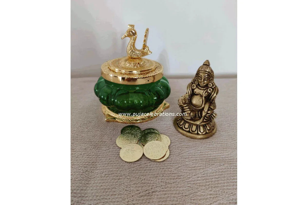 Kubera Pot Brass Statue & Coins - Puja Celebrations