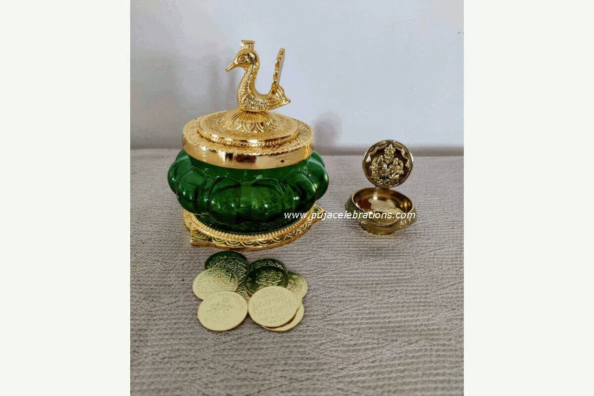 Kubera Pot Brass Diya & Coins - Puja Celebrations