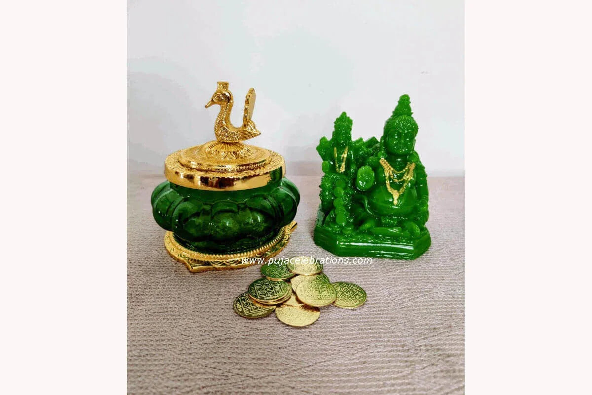 Kubera Pot Green Statue & Coins - Puja Celebrations