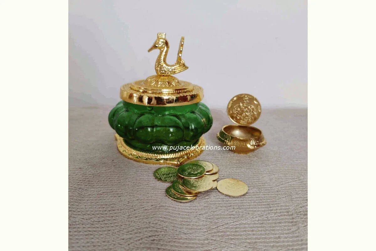 Kubera Pot Gold Diya & Coins - Puja Celebrations