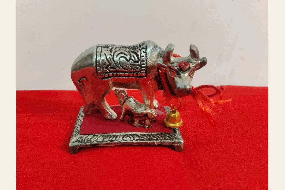 Cow and Calf Antique velvet base - Puja Celebrations
