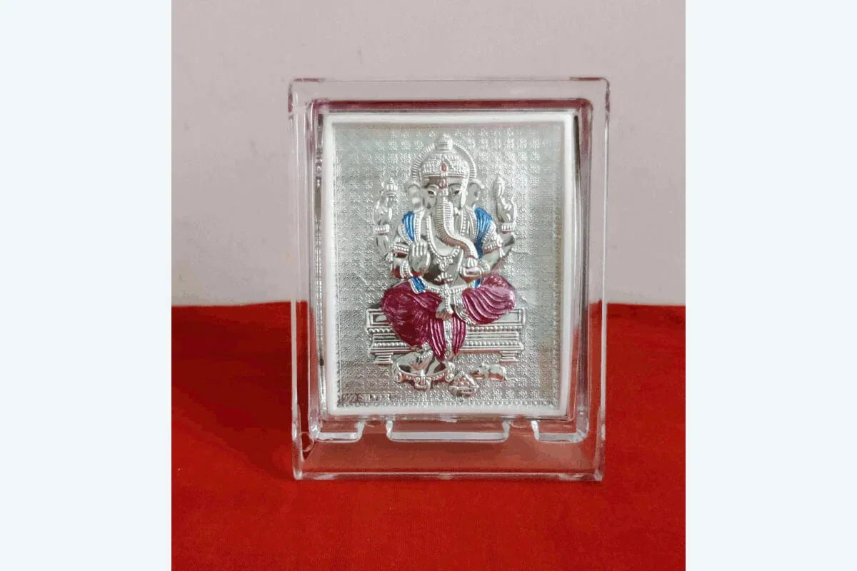 Silver Frame Colour Ganesha - Puja Celebrations
