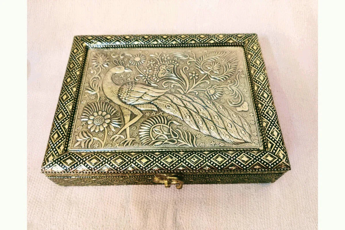 Peacock Embossed Dry Fruit Box - Puja Celebrations
