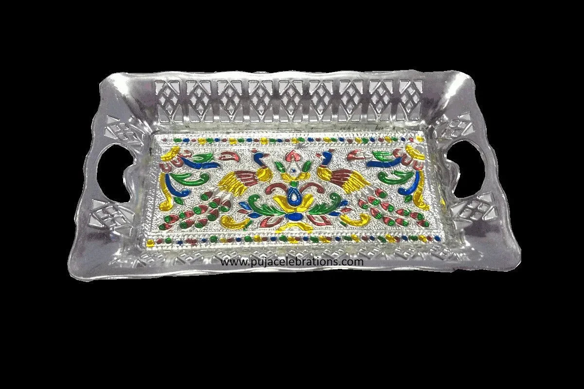 Silver Designer Meenakari Tray - Puja Celebrations