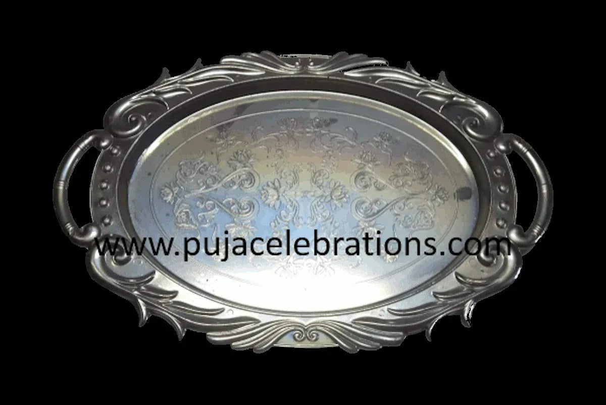 Oval Silver Tray with Handle Glossy - Puja Celebrations