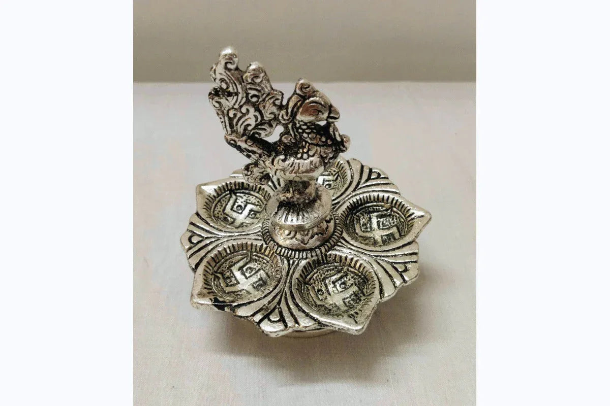 Metal Lotus Shaped Peacock Diya - Puja Celebrations