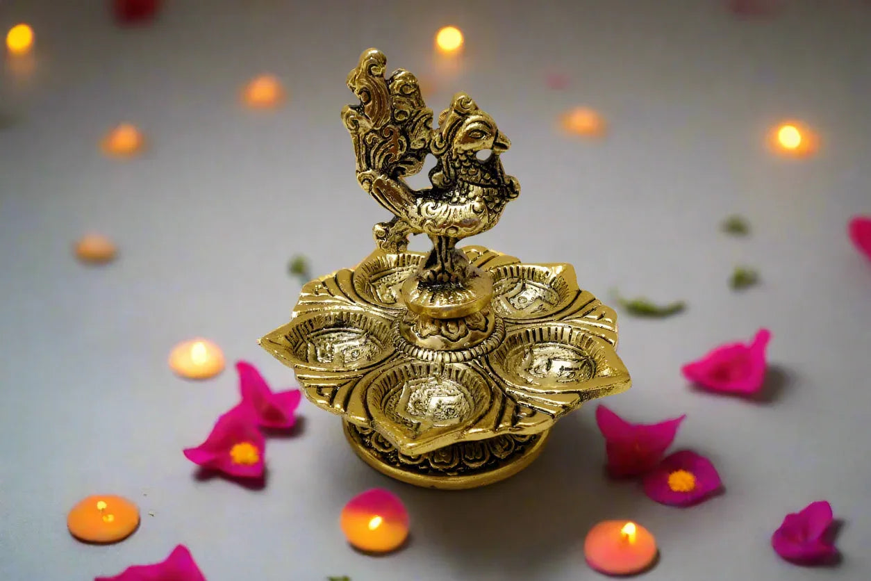 Annapakshi 5 Face Diya Gold - Puja Celebrations