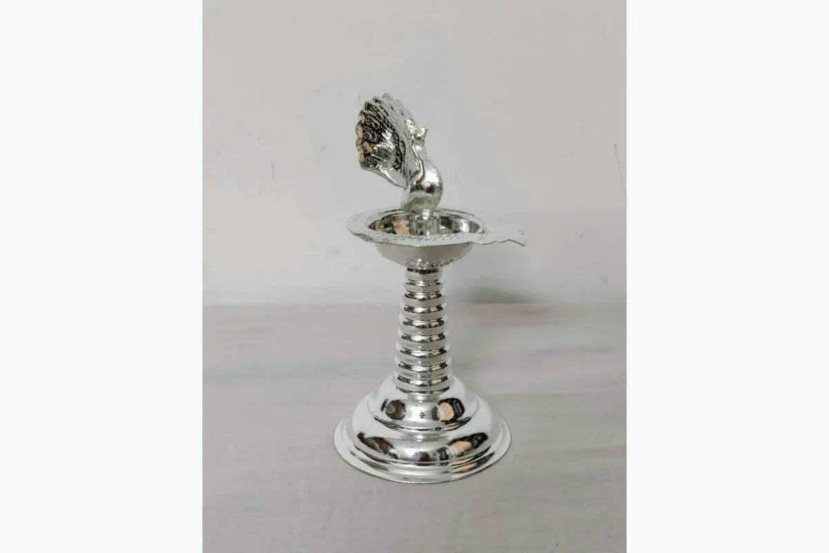 Peacock Silver Plated Diya Pair - Puja Celebrations