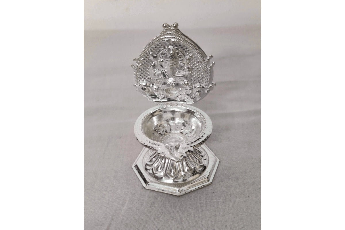 White Metal Ganesh Diya Pair