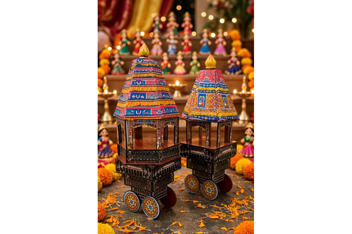 Traditional handcrafted wooden temple car ther for Navaratri Golu display - puja Celebrations