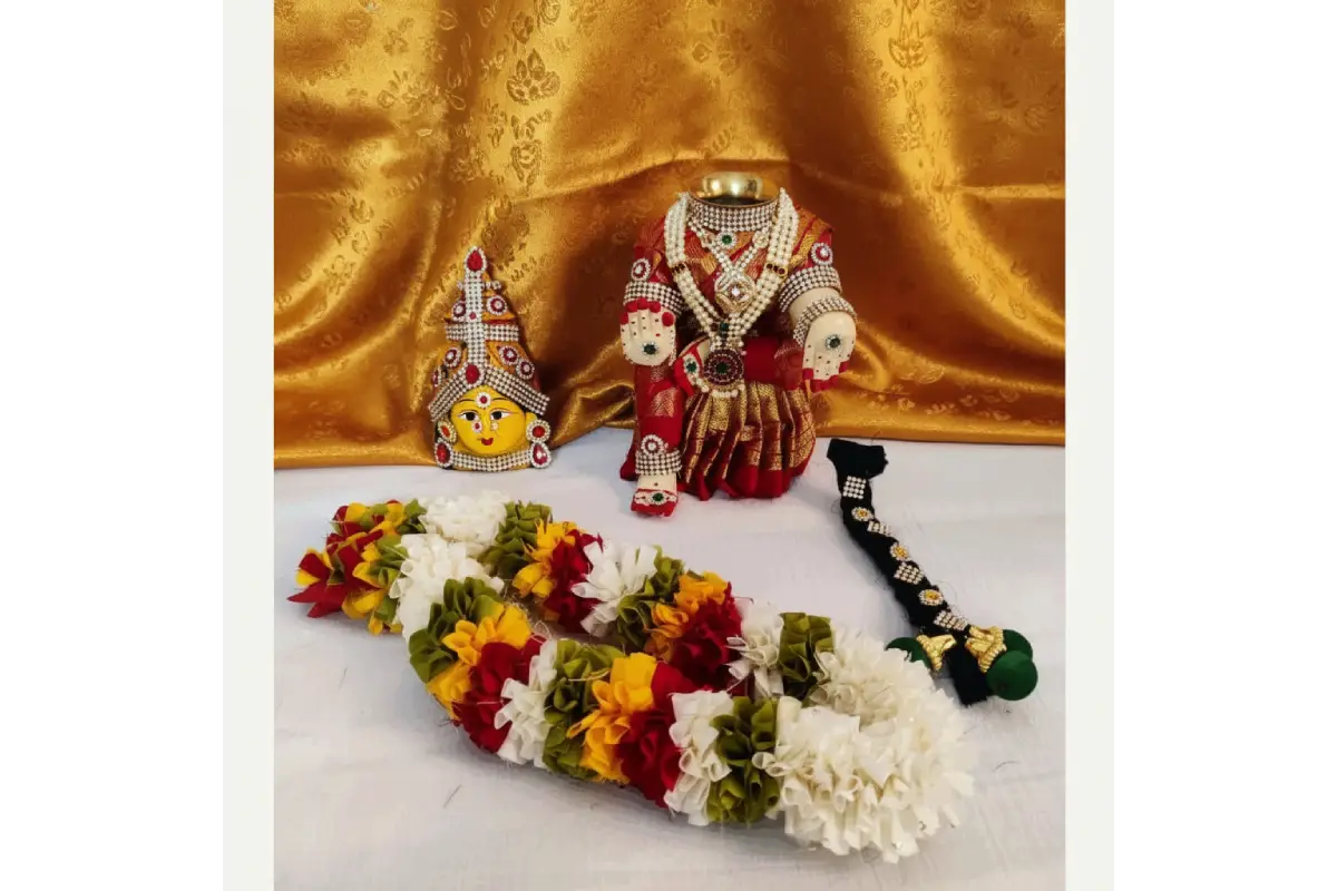 Readymade decorated Varalakshmi mini doll set adorned with saree and jewelry for pooja decoration - Puja Celebrations