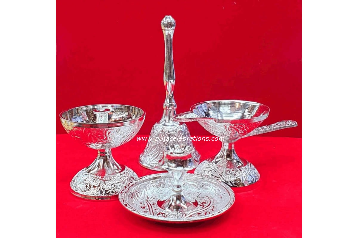 Brass Pooja Set Silver, Perfect gift for your Pooja