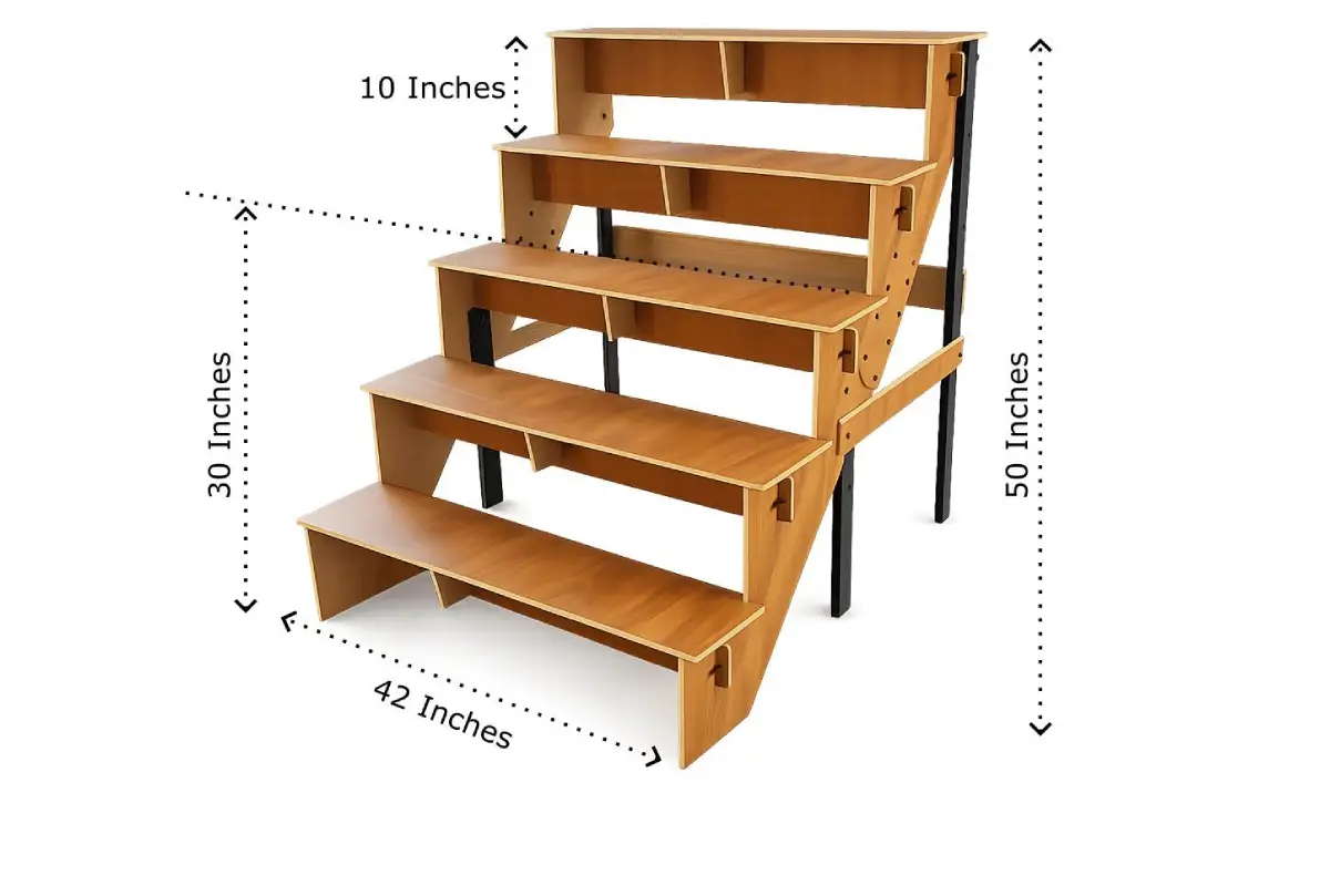 Side profile angle of wooden Golu stand showing step depth and balance stability