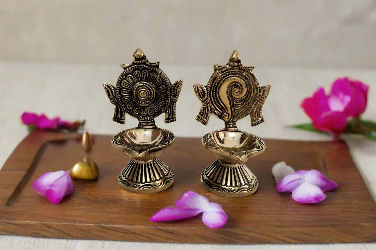 Brass Shankh Chakra Diya Set - Puja Celebrations