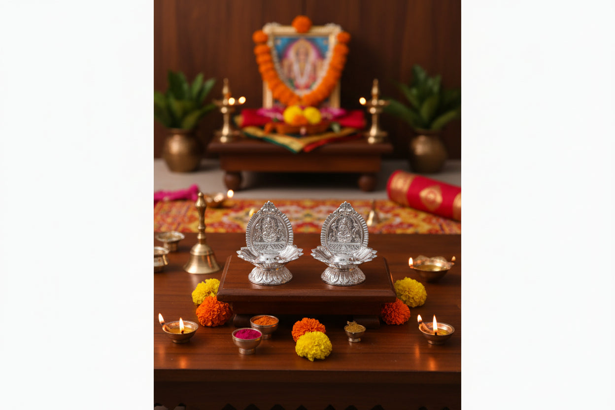 German Silver Lakshmi Agarbathi Stand Pair - Puja Celebrations