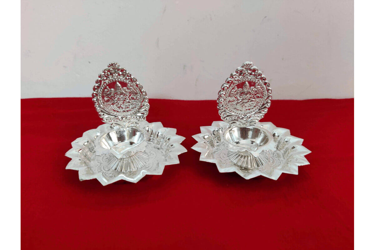 German Silver Lakshmi Diya Pair - Puja Celebrations