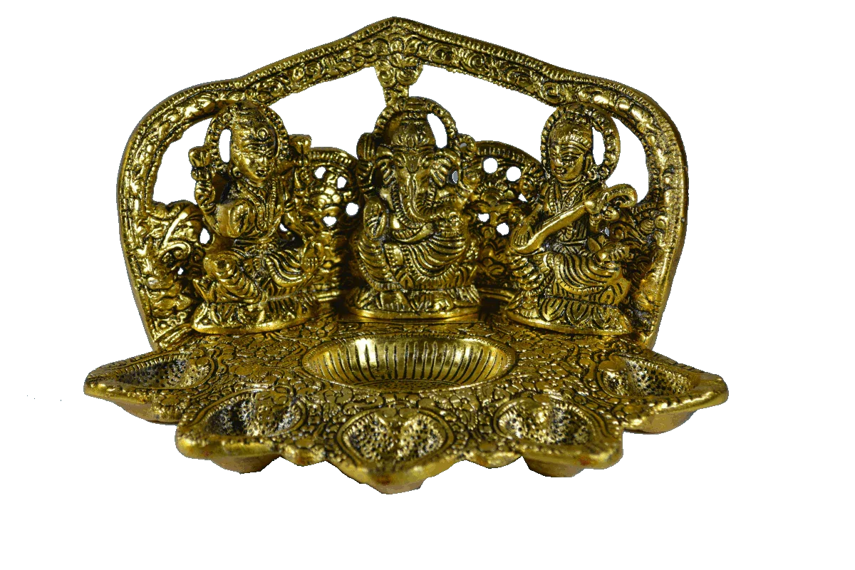 Lakshmi Saraswathi Ganesha 5 Diyas Gold - Puja Celebrations