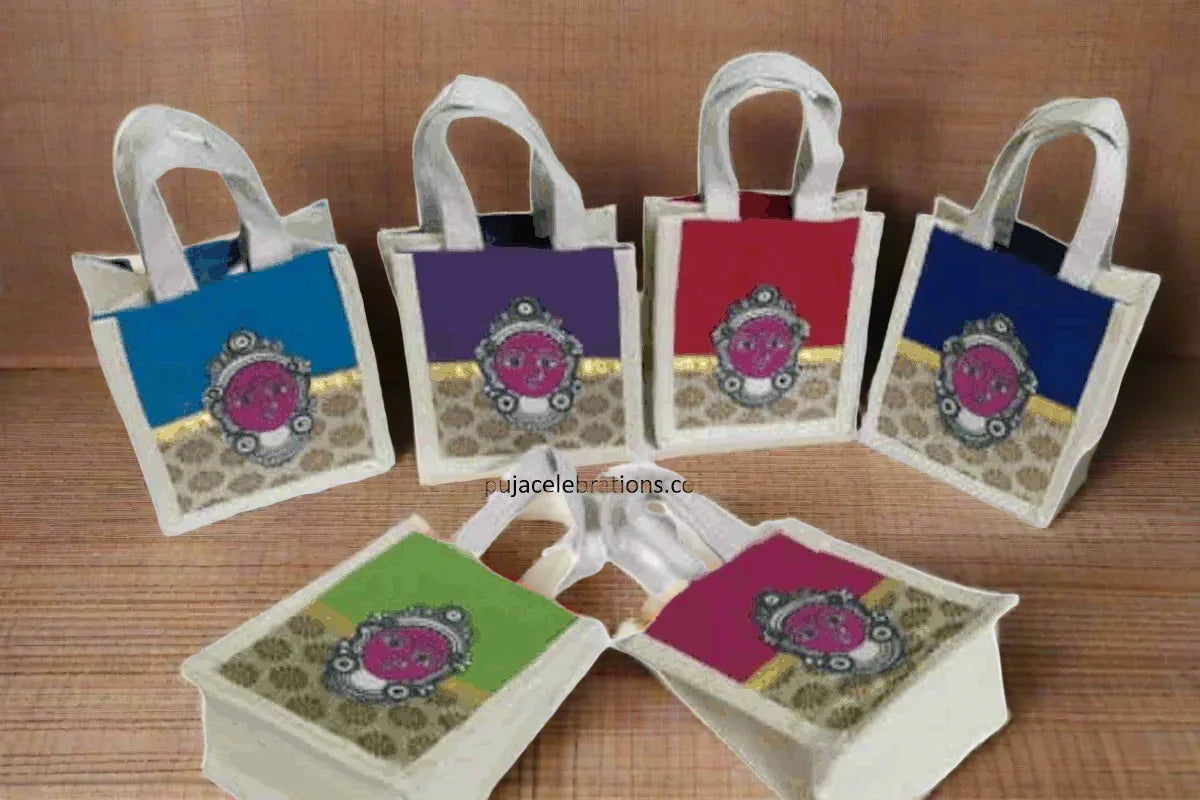 Jute Bag with Lakshmi Face Patch - Puja Celebrations