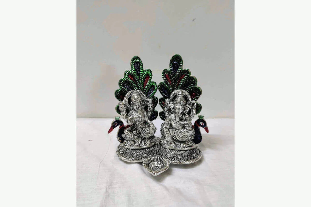Ganesh Lakshmi Diya Silver Meenakari - Puja Celebrations