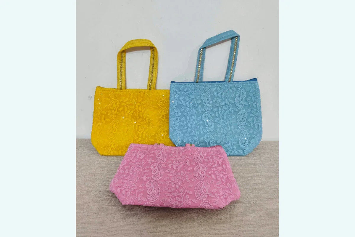 Lucknowi Chikankari Print Handbag - Puja Celebrations