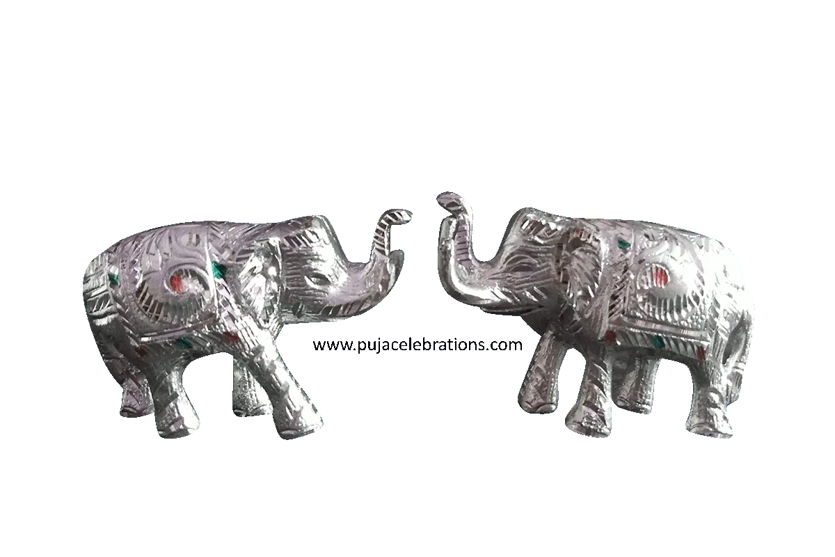 White Metal Elephant Pair - Puja Celebrations