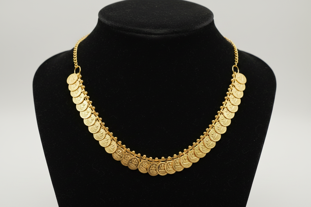 Traditional gold polish Kasu Mala coin garland deity necklace for Varalakshmi puja decoration