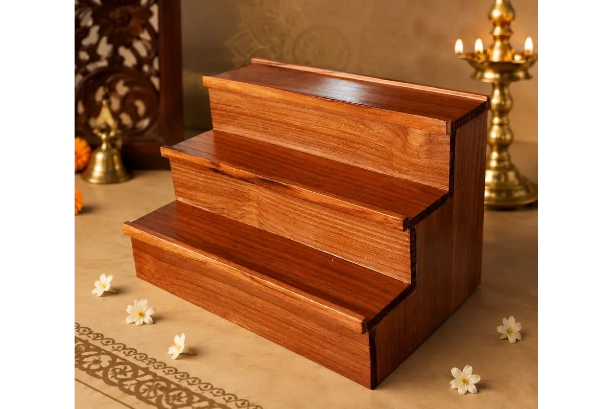 Bulk stock of flat-packed wooden Golu stands ready for wholesale dispatch by Puja Celebrations