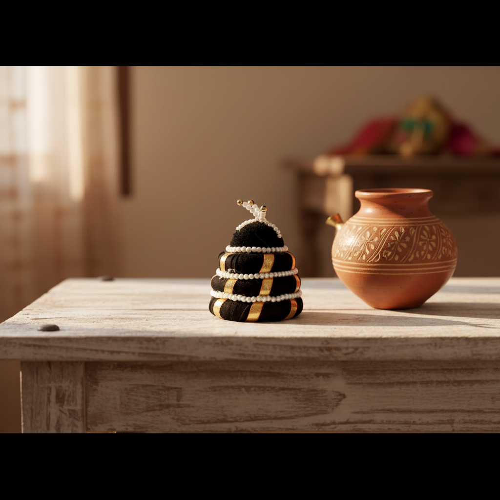 Small woven sculpture and terracotta pot on a wooden surface with a blurred background