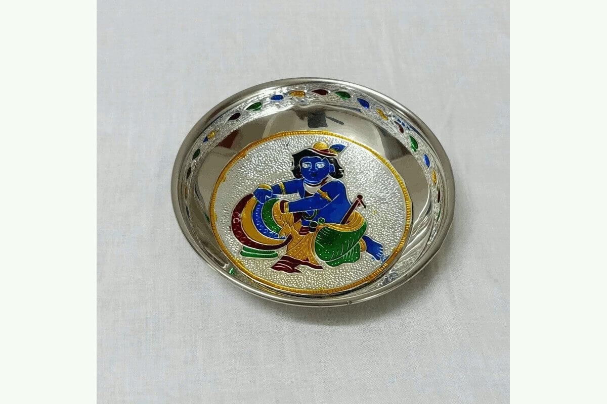 krishna Meenakari Steel Plate 5 inches - Puja Celebrations